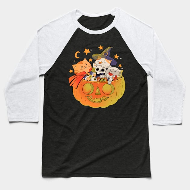 Pumpkin and Cats Baseball T-Shirt by ppmid